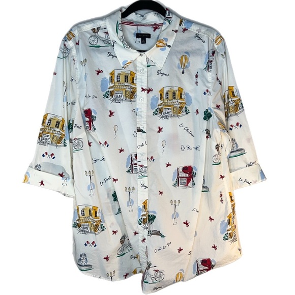 Talbots Classic Cotton Shirt Scenic France Print Button Down Blouse XL - Picture 2 of 12